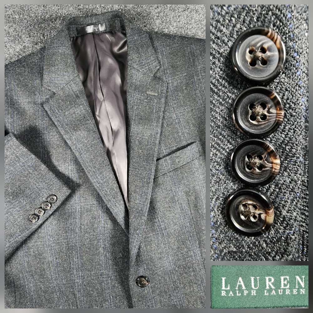 Lauren Ralph Lauren Sport Coat Mens 42R Grey Wool Herringbone Pinstripe Blazer